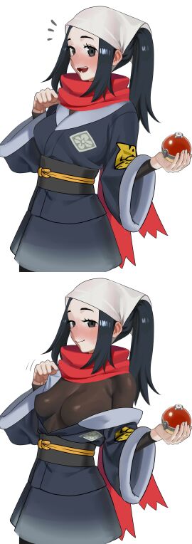 1girls absurdres akari_(pokemon) black_hair black_shirt blue_eyes blue_hair blush bodysuit breasts commentary eye_contact eyelashes female galaxy_expedition_team_survey_corps_uniform grey_eyes headscarf highres hisuian_poke_ball holding holding_poke_ball jacket long_hair looking_at_viewer nia4294 nia_(nia4294) nintendo nipple_bulge open_mouth paid_reward_available poke_ball pokemon pokemon_legends:_arceus ponytail red_scarf sash scarf shirt sidelocks smile solo symbol-only_commentary tight_clothing white_headscarf