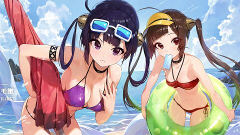 2girls ahoge azur_lane bare_shoulders beach bent_over bikini black_choker black_hair blue_sky blunt_bangs blush breasts brown_hair choker cleavage closed_mouth cloud collarbone day dragon_empery_(azur_lane) eyewear_on_head female food game_cg hair_rings halterneck holding innertube leaning_forward long_hair looking_at_viewer medium_breasts mouth_hold multiple_females multiple_girls navel ning_hai_(azur_lane) ning_hai_(summer_hunger)_(azur_lane) ocean official_alternate_costume official_art outdoors ping_hai_(azur_lane) ping_hai_(summer_vacation)_(azur_lane) popsicle purple_bikini purple_eyes purple_hair red_bikini red_eyes side-tie_bikini_bottom sky small_breasts sunglasses swim_ring swimsuit twintails very_long_hair visor_cap water young