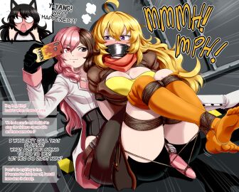 3girls ahoge angry animal_ears black_hair blake_belladonna blonde_hair blush bondage bound castagno cat_ears cat_girl english_text female gag gagged glaring highres hitachi_magic_wand improvised_gag kidnapped looking_at_another muffled multicolored_hair multiple_females multiple_girls neo_(rwby) purple_eyes rwby speech_bubble tape tape_gag two-tone_hair wavy_hair yang_xiao_long yuri
