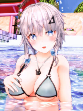 1girls 2023 3d bikini bikini_top blue_bowtie blue_eyes embodiment_of_scarlet_devil female flowers hairpin human light-skinned_female light_skin looking_at_viewer mmd necklace outdoors pool sakuya_izayoi solo_female solo_focus swimming_pool swimsuit touhou water white-haired_female white_hair yabuinu_mmder