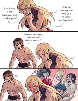 1girls 2boys ai_shinobi black-haired_male black_hair blonde_female blonde_hair blush blushing choso_kamo color colored comic comic_strip dialogue fantasizing father_and_son's_girlfriend female fight fighting fighting_pose jujutsu_kaisen kenjaku male male/female/male pink_eyes shirtless_male suguru_geto tagme thought_bubble threesome yuki_tsukumo