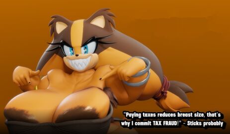 1girls 2025 3d 3d_model 3d_render armpit_hair armpits badger big_breasts blue_eyes boomerang_(tv_network) bracelet bracelets breasts brown_nipples cartoon_network completely_naked eyelashes female female_only gigantic_breasts hairy_armpits huge_breasts large_breasts looking_at_viewer looking_down mischievous mischievous_look mischievous_smile nude_female orange_hair orange_skin pointing pointing_at_self pointing_down sega sharp_teeth shiny_breasts shiny_hair shiny_skin short_hair smile smiling smiling_at_viewer solo solo_female solo_focus sonic_(series) sonic_boom sonic_the_hedgehog_(series) sticks_the_badger sticks_the_jungle_badger tax_evasion text twin_braids twintails vulkyasha