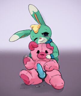 ambiguous_fluids ambiguous_gender animal_crossing anthro blonde_hair blue_clothing blue_eyes blush clothing collar cuff_(restraint) discocci gradient_background green_body grey_background hair holding_object holding_plushie lagomorph leporid looking_at_viewer mammal nintendo one_eye_closed orange_inner_ear plushie rabbit restraints sasha_(animal_crossing) signature simple_background smile solo strap-on strapon wrist_cuffs