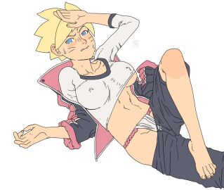 ac120 barefoot biting_lip black_jacket black_shorts blonde_hair blue_eyes blush boruko boruto:_naruto_next_generations clothes_lift clothes_pull collarbone collared_jacket covered_erect_nipples facial_mark feet female female_focus foot_out_of_frame fundoshi genderswap genderswap_(mtf) hand_on_forehead highres jacket japanese_clothes knee_up lying magi naruto naruto_(series) navel on_back open_clothes open_jacket rule_63 shirt shirt_lift short_hair shorts shorts_pull simple_background solo sweat toes uzumaki_boruto whisker_markings white_background white_shirt