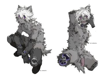 amputee anthro athletic athletic_anthro athletic_male barcode barcode_tattoo biped canid canine canis disability dogmeat_(artist) duo finger_in_mouth foreskin genitals glans half-erect hi_res humanoid_genitalia humanoid_penis male mammal mechanical_arm mechanical_leg penis solo_focus tattoo uncircumcised wolf