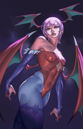 1girls 2024 bat_print blue_pantyhose breasts capcom darkstalkers demon female female_only gauntlets head_wings hi_res leotard lilith_aensland looking_at_viewer pantyhose purple_hair rim_jims short_hair small_breasts solo succubus succubus_wings thick_thighs thunder_thighs wings