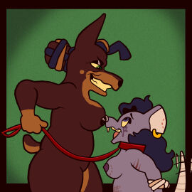 age_difference anthro arms_tied beanwater bite_mark bound brown_body brown_fur bruised bruised_belly canid canine canis dobermann domestic_dog duo ear_piercing female female/female fur green_eyes grey_body grey_fur hair hair_bun hi_res leash magic_user mammal mature_female murid murine murna_(beanwater) nipples nude pain piercing pinscher rat rodent running_makeup running_mascara scratches tail tail_motion tailwag witch zelda_caniche_ii_(beanwater)