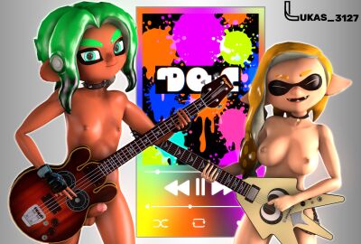 3d 3d_(artwork) advertisement dark-skinned_male dark_skin green_hair guitar lukas_3127 male musical_instrument sfm splatoon tentacle_hair watermark wing_fury yellow_hair