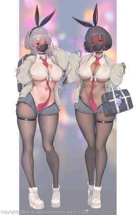 2020s 2024 2d 2d_(artwork) 2girls black_hair bunny_costume bunny_ears choker clothed clothing dark-skinned_female dark_skin female female_focus female_only handbag hi_res highres light-skinned_female light_skin looking_at_viewer mask masked masked_female multiple_females multiple_girls navel navel_piercing original original_character peace_sign phone purple_eyes red_eyes reverse_bunnysuit school_uniform schoolgirl skimpy skimpy_clothes skirt sneakers suerte sweat sweaty tattoo thighhighs tie white_hair white_shirt white_shoes
