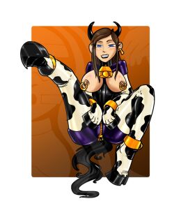 1girls 2d bell blue_eyes bondage bound bound_hands breasts breasts_out brown_hair cow_bell cow_print exposed_breasts female female_only femsub heel-less_heels high_heels hucow latex latex_clothing nipple_piercing nipple_rings nipples piercing png rubberlink shiny_clothes solo zipper