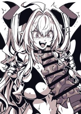 1girls blush breasts censor_bar censored collar demon demon_girl dildo dildo_between_breasts excited female horn large_breasts large_dildo monochrome original sweat takatsuki_ichi text
