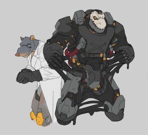 2024 absurd_res anthro armor black_clothing black_gloves black_handwear bodypaint breastplate brown_body brown_scales cables clothing coat cybernetic_leg cybernetic_limb deltacatalyzer desmond_kraus dinosaur duo ear_piercing ear_ring empty_eyes face_paint fur gill_(saberzelgrath) gloves goo_transformation grey_armor grey_background grey_body grey_fur grin handwear hi_res labcoat machine male mammal murid murine piercing power_armor rat reptile ring_piercing rodent rubbing_hands rubbing_hands_together rusted_armor saberzelgrath scales scalie sharp_teeth simple_background skull_face_paint smile spaulder teeth theropod topwear transformation tyrannosaurid tyrannosaurus tyrannosaurus_rex white_clothing white_coat white_topwear yellow_sclera