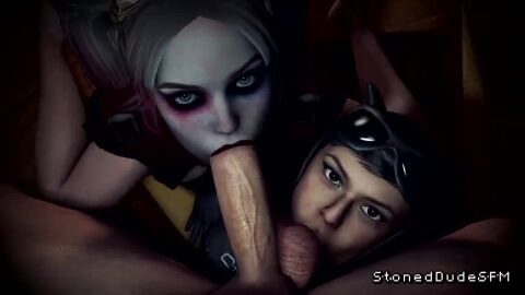 1boy 2girls 3d batman_(series) blowjob catwoman catwoman_(injustice) collaborative_fellatio dc dc_comics double_fellatio harley_quinn harley_quinn_(injustice) injustice:_gods_among_us injustice_2 looking_at_viewer penis_worship pov selina_kyle sound stoneddude sucking_balls tagme video