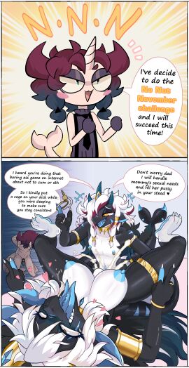 absurd_res anthro areola big_breasts blush bodily_fluids breasts cum dialogue english_text female fur genital_fluids hair hi_res horn male male/female male_penetrating meme narwhal69 nipples no_nut_november nude penetration sex tail text tongue