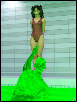 1girls 3d arms_behind_back black_hair competition_swimsuit daz_studio female female_only one-piece_swimsuit original solo strictaservitus swimsuit twintails