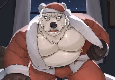 bear beard bulge bulge_through_clothing christmas christmas_outfit chubby_male erect_penis erection erection_under_clothes furry furry_only glasses gloves huger_smot looking_at_viewer male nipples pecs pectorals penis pierced_nipples piercing polar_bear santa_claus santa_costume santa_hat white_body white_skin