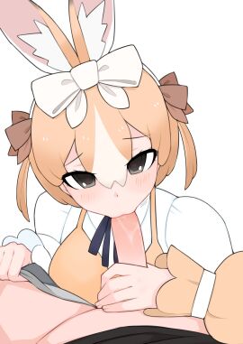 1boy :3= animal_ear_fluff animal_ears black_bow black_bowtie blush bow bowtie brown_bow collared_shirt commentary_request domestic_rabbit_(kemono_friends) fellatio female hair_between_eyes hairbow highres kemono_friends light_brown_hair looking_at_viewer male multicolored_hair ollie_(ollie_stratos) oral penis rabbit_ears rabbit_girl shirt short_hair simple_background solo_focus straight two-tone_hair two_side_up uncensored upper_body vest white_background white_bow white_hair white_shirt yellow_vest