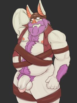 anthro arm_hair baku_(final_fantasy_ix) balls bara bat bat_ears bat_nose beard begami belly biceps body_hair clothing eyewear facial_hair final_fantasy final_fantasy_ix flaccid genitals hair hairy hand_behind_head happy_trail headgear hi_res humanoid_genitalia male mammal masculine_male mature_anthro mature_male moustache musclegut muscular muscular_anthro muscular_male nipples penis pubes purple_hair simple_background smile solo square_enix thick_thighs yaoi