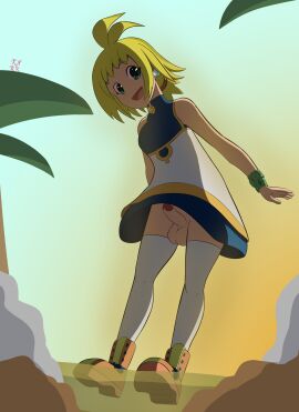 1futa balls blue_eyes bottomless bracelet breasts casual_exposure clothed clothing compact_body dickgirl ear_piercing futa_only futanari green_hair human intersex kinkaru light-skinned_futa light_skin looking_back low-angle_view marona mostly_clothed nippon_ichi_software penis phantom_brave solo standing thighhighs