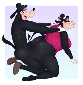 absurd_res anthro ass bedroom_eyes big_ass big_butt bodily_fluids boolishclara bovid bovine breasts canid canine cattle clarabelle_cow clothing disney duo feet female goofy_(disney) grabbing_from_behind hi_res male male/female mammal moan narrowed_eyes penetration pose seductive sex thick_thighs