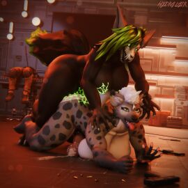 3d_(artwork) ahe_gao ambiguous_fluids anal anal_sex anthro big_breasts black_body black_fur blender_(artwork) breast_milking claws containment_breach creepy_face cum cum_in_ass cum_inside doggy_style dominant_intersex ejaculation equine_penis green_eyes green_hair green_tongue halloween hyena intersex intersex/female laboratory lactating milk monster orgasm questionable_consent scary security sweat sweat_body tears tongue wet wet_body