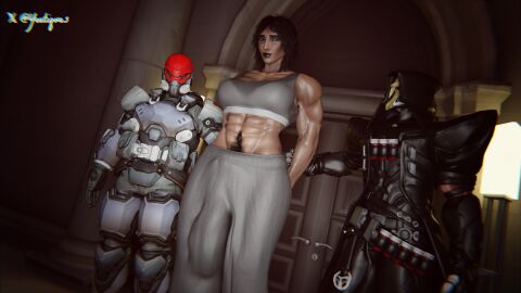 3d bulge bulge_through_clothing clothed fareeha_amari futanari hairy hands_behind_back looking_at_viewer male muscular_futa overwatch pharah pubic_hair pubic_hair_peek reaper smiling yeetiques