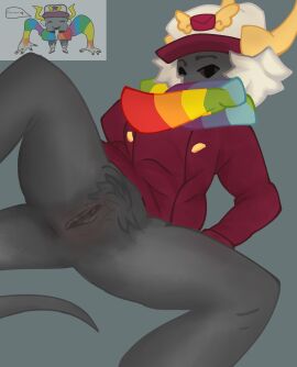 anthro black_eyes blouse dark-skinned_female dark_skin earmuffs female fluff hair half-dressed hat horns inphernal partially_clothed partially_shaded phighting pubes pubes_exposed pubic pubic_hair pussy rainbeau_(phighting) rainbow_scarf reptile_tail roblox roblox_game robloxian scarf scarf_covering_mouth self_upload skiffisturri tagme tail wet wet_pussy yellow_horns