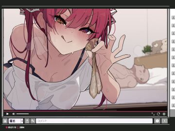 1boy 1girls after_sex bed bedroom blush blush_lines bra bra_strap breasts cum_filled_condom eyebrows_visible_through_hair faceless_male female hair_ornament hair_ribbon heterochromia hololive hololive_fantasy hololive_japan houshou_marine kakure_eria large_breasts licking_lips livestream male muscular muscular_male red_eyes red_hair shirt smile sweat teddy_bear twintails used_condom video_recording virtual_youtuber yellow_eyes