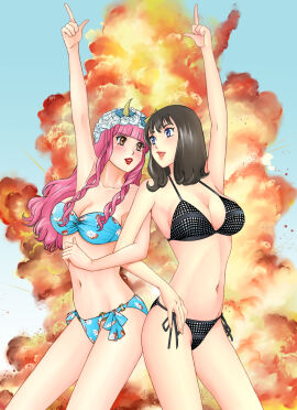 2girls alluring bikini bouquet_(super_sentai) breasts brown_hair cleavage female ichikawa_sumino iwa medium_breasts no.1_sentai_gozyuger pink_eyes pink_hair purple_eyes super_sentai swimsuit