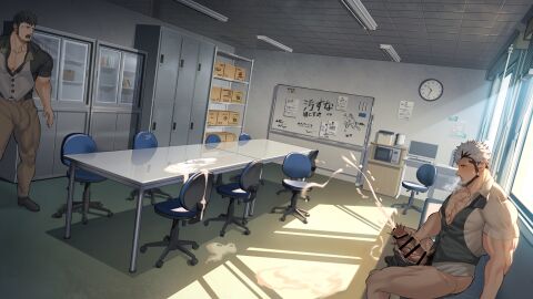 2boys accidental_exposure angry angry_face bara beard beefy biceps big_breasts big_bulge big_penis black_hair blue_eyes blush bottomless breasts bulge bulge_through_clothing cardboard_box ceiling ceiling_light censor_bar censored censored_penis chest_hair clock clothed computer cum cum_explosion cum_fountain cum_pool cum_puddle cum_string cum_trail cumshot daddy dark_room dilf doodles ejaculation erection excessive_cum excessive_pubic_hair exposed fluorescent_light gay grin hi_res holding_penis huge_cock hunk indoors intense_orgasm jerking looking_at_another looking_at_penis looking_down male male_only masculine_male masturbation mature_male meeting_room microwave morning multicolored_hair multiple_orgasms muscles muscular muscular_arms muscular_ass muscular_chest muscular_legs muscular_male muscular_thighs nullqllun office office_chair open_clothes open_mouth oppai orgasm original original_character pants_down pecs penis penis_bigger_than_head pubic_hair quadriceps reflection semen shelf short_hair sideburns sitting sitting_on_couch solo spread_legs standing steam steamy_breath sunlight sweat sweatdrop table text thick_arms thick_cum thick_neck thick_penis thick_thighs tight_clothing time_lapse tough_guy tremble_spikes trembling triceps two-tone_hair uniform veiny_face veiny_penis very_high_resolution vest white_hair whiteboard window yaoi