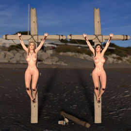 2girls 3d aerith_gainsborough black blonde_hair crown_of_thorns crucifixion female final_fantasy final_fantasy_vii hlt1w nude nude_female running_mascara runny_makeup tifa_lockhart