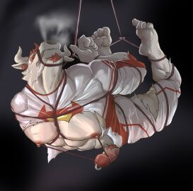 abs anthro beard bent_legs bodily_fluids bondage bound bound_arms bovid bovine breath cattle clenched_teeth closed_eyes clothing drooling erection facial_hair gay genital_piercing genitals grimace hair hands_behind_back hands_tied_behind_back hi_res humanoid_genitalia humanoid_penis lantiangou male male_focus male_only mammal muscular muscular_sub muzzle_(object) nipple_fetish nipple_play nipple_pull nipples pecs penis penis_piercing piercing prince_albert_piercing red_hair restraints rope rope_bondage rope_harness saliva simple_background solo solo_male struggling submissive suspension suspension_bondage teeth torn_clothing vein veiny_penis white_body