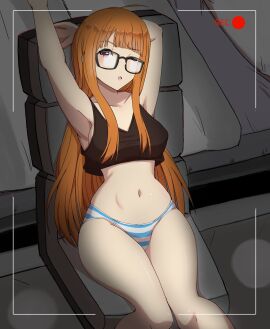 1girls absurdres armpits arms_up bed black-framed_eyewear black_tank_top blunt_bangs breasts chair cropped_legs curvy female glasses highres indoors long_hair medium_breasts office_chair one_eye_closed orange_hair panties persona persona_5 purple_eyes sakura_futaba sidelocks sitting solo striped_clothes striped_panties swivel_chair tank_top underwear wide_hips zerocgm