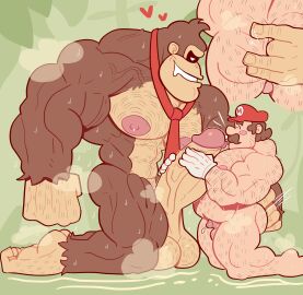 5_fingers absurd_res anal anal_fingering anthro ape bara belly_hair biceps big_muscles big_nipples big_penis blush blush_stickers bodily_fluids body_hair brown_body brown_fur brown_hair chest_hair clothing cum donkey_kong donkey_kong_(series) drooling duo ejaculation facial_hair fingering fingers forearm_muscles fur gay genital_fluids genitals gorilla hair hairy_feet hairy_hands haplorhine hat headgear headwear hi_res huge_cock huge_muscles human larger_anthro larger_male leg_hair light_body light_skin male male/male male_only mammal mario mario_(series) moustache muscles muscular muscular_anthro muscular_chest muscular_legs muscular_male nature nature_background necktie nintendo nipples overweight overweight_male pecs penis precum primate red_clothing red_hat red_headwear red_necktie saliva size_difference small_penis smaller_anthro smaller_human smaller_male super_mario_bros. surprise surprised_expression tan_body tan_skin triceps tropical vaniwall vein veiny_penis yaoi