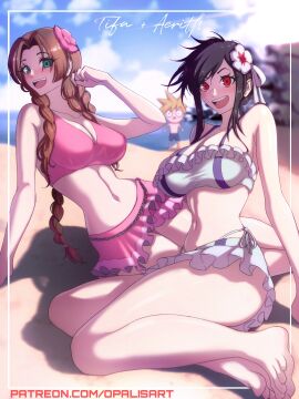 1boy 2girls aerith_gainsborough aerith_gainsborough_(pink_mermaid) bare_arms bare_legs bare_shoulders bare_thighs beach big_breasts bikini bikini_bottom bikini_top black_hair blue_eyes blush breasts brown_hair cloud_strife color duo_focus feet female female_focus final_fantasy final_fantasy_vii final_fantasy_vii_rebirth final_fantasy_vii_remake hi_res large_breasts light-skinned_female light_skin long_hair looking_at_viewer male male/female multiple_females multiple_girls opalisart open_mouth red_eyes sand sea sitting square_enix swimsuit tagme thick_thighs tifa_lockhart tifa_lockhart_(shining_spirit) water