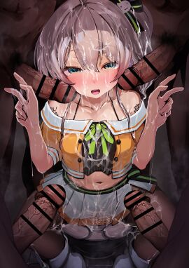 4boys after_ejaculation aqua_eyes bar_censor bare_shoulders black_camisole blush body_writing brown_hair bukkake camisole censored collarbone cropped_jacket cum cum_on_body cum_on_clothes cum_on_hair cumdump dark-skinned_male dark_skin double_w facial female hair_between_eyes highres hololive hololive_gen_1 hololive_japan human_toilet interracial jacket kajimakoto male medium_hair miniskirt multiple_boys multiple_males natsuiro_matsuri natsuiro_matsuri_(1st_costume) navel off-shoulder_jacket off_shoulder orange_jacket penis pleated_skirt side_ponytail skirt spaghetti_strap surrounded surrounded_by_penises veins veiny_penis virtual_youtuber w white_skirt