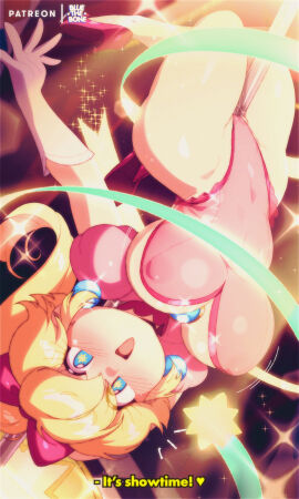 1990s_(style) 5_fingers absurdres between_breasts between_labia blonde_hair blue_eyes bluethebone blush breasts cameltoe commentary covered_nipples elbow_gloves english_commentary english_text female gloves grinding grinding_through_clothes groin hanging hanging_breasts high_heels high_hips highres hip_bones holding holding_with_thighs huge_breasts jpg large_breasts leotard long_hair mario_(series) navel navel_visible_through_clothes onesie open_mouth patreon_username pink_footwear pole_dancing princess_peach princess_peach:_showtime! pussy pussy_juice pussy_peek retro_artstyle ribbon ribbon_in_hair shoes solo sparkling_eyes star_(symbol) stripper_heels stripper_pole subtitled text thick_thighs thigh_grab thighs upside-down upside_down_pussy white_gloves wide_hips