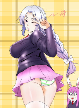 2girls animal_ears ass blazer blush bow braid breasts buckteeth chibi chibi_inset collared_shirt cosplay covered_erect_nipples cowboy_shot eirin_yagokoro eyelashes female gloom_(expression) gradient_hair hair_intakes hairbow half-closed_eye hand_up highres huge_breasts jacket jaw_drop long_hair long_sleeves looking_at_viewer looking_back miniskirt multicolored_hair multiple_females multiple_girls necktie one_eye_closed open_mouth outline panties parted_lips pattern_background pink_hair pink_lips pink_skirt pleated_skirt rabbit_ears reisen_udongein_inaba reisen_udongein_inaba_(cosplay) shiny_clothes shiraue_yuu shirt sidelocks single_braid skirt solid_circle_eyes solo_focus star_(symbol) striped_clothing striped_panties teeth thick_thighs thighhighs thighs touhou underwear upper_body v very_long_hair white_bow white_panties white_shirt yellow_background
