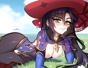 black_hair blush blushypixy blushyspicy breasts colored_skin genshin_impact grass green_eyes hand_on_own_face hat medium_breasts mona_(genshin_impact) narrow_waist nipples non-web_source pantyhose pussy source_request white_skin wide_hips