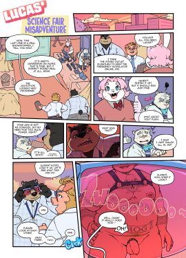 9_panel_comic absurd_res anthro balls bear belly black_text clothed clothing comic dialogue digital_media_(artwork) domestic_pig english_text exclamation_point eyebrows eyewear facial_hair felid fur genitals glasses group hadou_(satsui-n0-had0u) hair harness hi_res humanoid_genitalia lagomorph leporid lucas_(mangolynx) male mammal mangolynx moobs navel nipples nude open_mouth overweight overweight_anthro overweight_male pantherine penis pink_hair plein question_mark rabbit shirt speech_bubble suid suine sun_bear sus_(pig) tail talking_to_another text tiger topwear ursine white_body white_fur x-ray_glasses