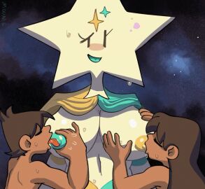 1boy 1girls 2d_animation animated anthro both_sexes_in_same_situation breast_sucking breastfeeding breasts colored_nipples cosmic_background dark_skin double_breast_sucking double_lick female gif heavy_breathing licking_nipples lilmoonie male nipple_licking nipples star sweat