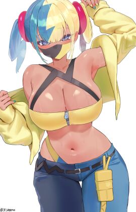 1girls absurd_res artist_signature big_breasts breasts canari_(pokemon) cleavage clothing hi_res hourglass_figure jtveemo looking_at_viewer mask midriff navel pokemon pokemon_legends:_z-a simple_background sweat white_background wide_hips