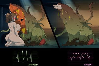 absurd_res ass big_breasts big_butt bodily_fluids breasts brown_hair capcom claire_redfield coldbrush duo female female_prey feral feral_pred gameplay_mechanics hair hi_res huge_breasts human human_prey mammal monster monster_on_female monster_pred neck_bulge nude oral_vore plant plant_monster ponytail resident_evil saliva user_interface vore willing_prey