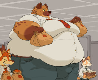 2024 anthro back_rolls belly_overhang belt big_moobs biped bottomwear brown_body brown_fur bulge canid canine canis clothing coffee_cup container cup denim denim_bottomwear denim_clothing detailed_bulge disposable_cup domestic_dog dress_shirt fat_arms food food_container fox fur furry genital_outline grin group holding_bag holding_food holding_object huge_thighs hyena hyper inside jeans larger_anthro larger_male love_handles male mammal markings moobs morbidly_obese muffin_top necktie obese obese_anthro obese_male office overweight overweight_anthro overweight_male pants paper_bag penis penis_outline raymodule shirt size_difference smile solo_focus spots spotted_body spotted_fur standing thick_thighs tongue tongue_out topwear trio weight_difference
