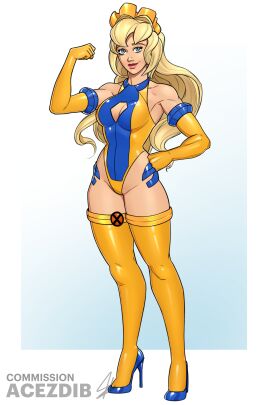 acezdib ass blonde_hair curvy elbow_gloves gloves high_heels large_ass latex latex_suit marvel marvel_comics original original_character wide_hips