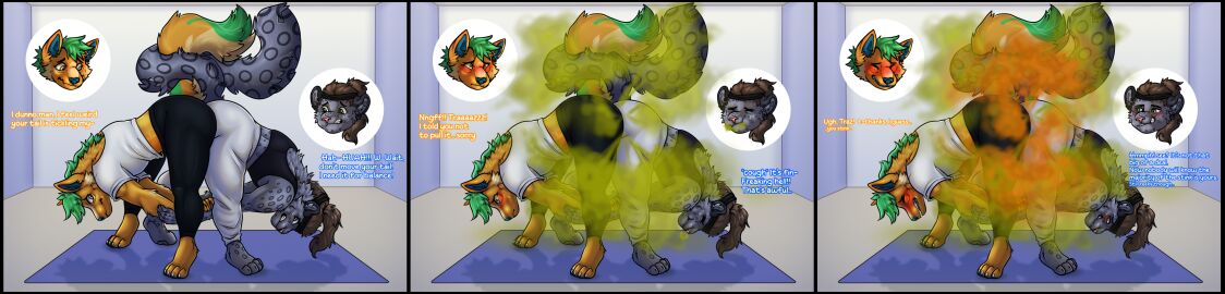 absurd_res anthro ass bottomwear brappybark canid canine canis casey_(dmb) clothed clothing comic duo fart fart_cloud farting_on_another farting_together felid gassy hi_res hybrid long_image male male/male mammal mephitid pantherine pants skunk smelly speech_bubble tail thick_tail wide_image wolf yoga yoga_pants