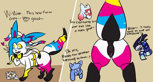 after_transformation ambiguous_gender anus arceus black_text blue_body blue_fur blue_scarf blush cmyk comic digital_drawing_(artwork) digital_media_(artwork) dripping_pussy eeveelution english_text eyewear female feral floating_head fur future_pokemon generation_3_pokemon generation_4_pokemon generation_6_pokemon generation_9_pokemon genitals glasses group heart_symbol hybrid_pokemon latias legendary_pokemon lgbt_pride miraidon multicolored_body multicolored_fur nintendo nipples pansexual_pride_colors paradox_pokemon pokemon pokemon_(species) post-transformation presenting presenting_pussy pride_colors pussy raised_tail riolu scarf simple_background sylveon tail teasing text transformation trooper3 white_body white_fur yellow_body yellow_eyes yellow_fur