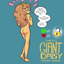 2024 ass back_view blue_eyes blush breasts covering daisy_wooton embarrassed embarrassed_nude_female enf female glasses nerd nerdy_female nude smile squeakyhorn strip_game tagme text twitter_strip_game_(meme)