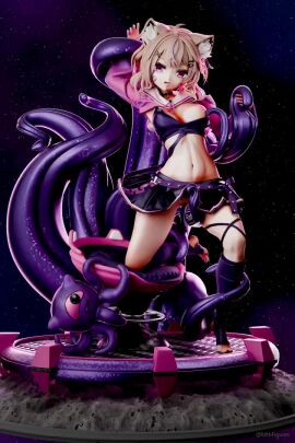 animal_ears arms_up black_skirt blonde_hair breasts female hair_ornament indie_virtual_youtuber looking_at_viewer multiple_views navel night_sky nipples purple_eyes short_hair skirt sky squchan_(vtuber) starry_sky tagme tentacle video vyugen