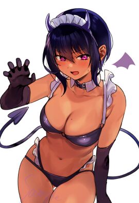 1girls bare_shoulders big_breasts bikini black_bra black_choker black_gloves black_panties blush bob_cut bra breasts brown_skin choker cleavage collarbone cowboy_shot dark-skinned_female dark_skin demon demon_girl demon_horns demon_tail demon_wings detached_collar ear elbow_gloves eyeliner fake_horns female female_focus female_only frills gloves hair_between_eyes horns konbu_wakame large_breasts lilith_(saikin_yatotta_maid_ga_ayashii) lingerie looking_at_viewer maid maid_headdress makeup matching_hair/eyes mole mole_on_breast mole_under_eye navel official_art panties pink_eyes purple_eyes purple_hair saikin_yatotta_maid_ga_ayashii short_hair sidelocks solo sweatdrop tail thighs underwear wings